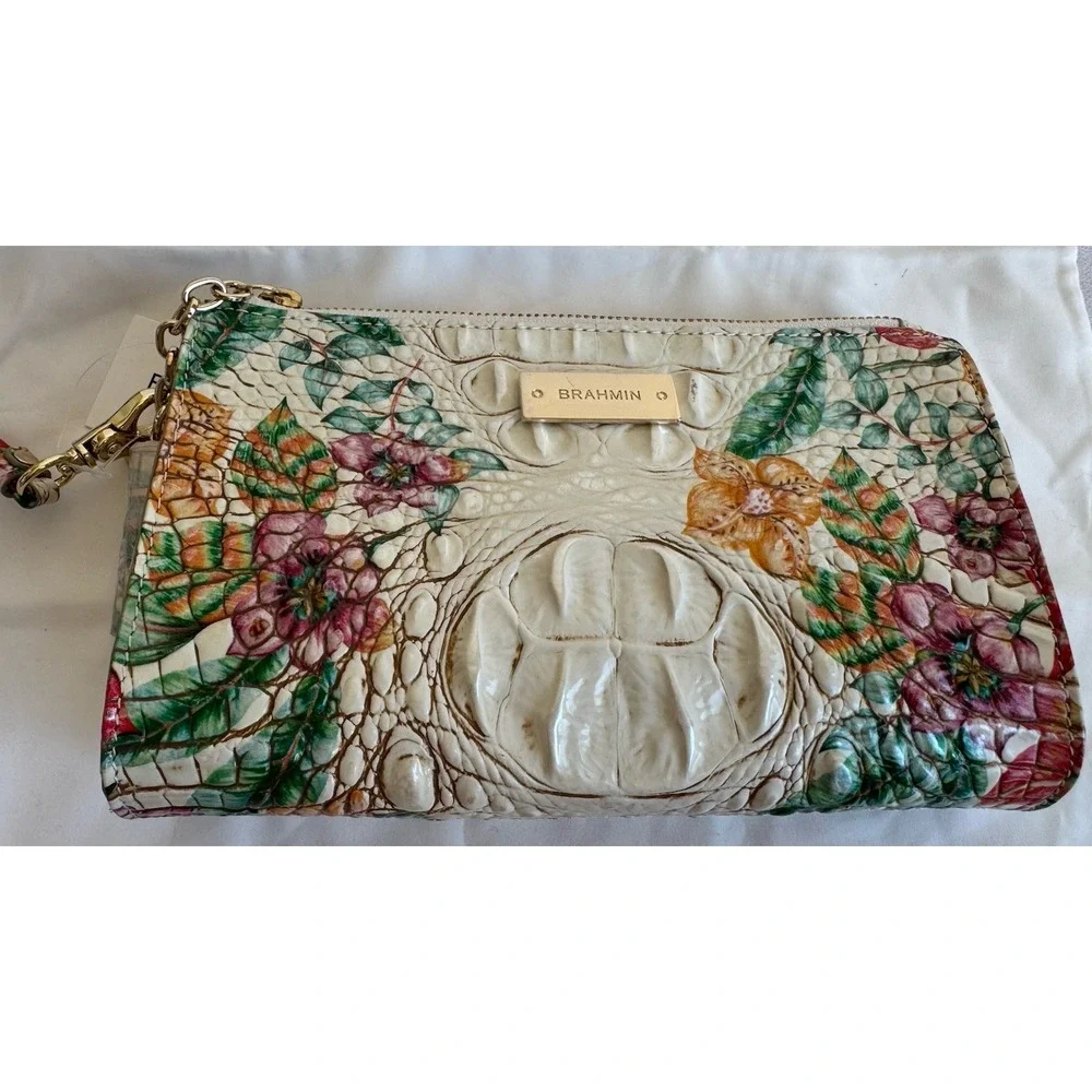 Brahmin Millie Ivory Tahiti Leather Embossed Floral Wristlet Wallet DustBag RARE